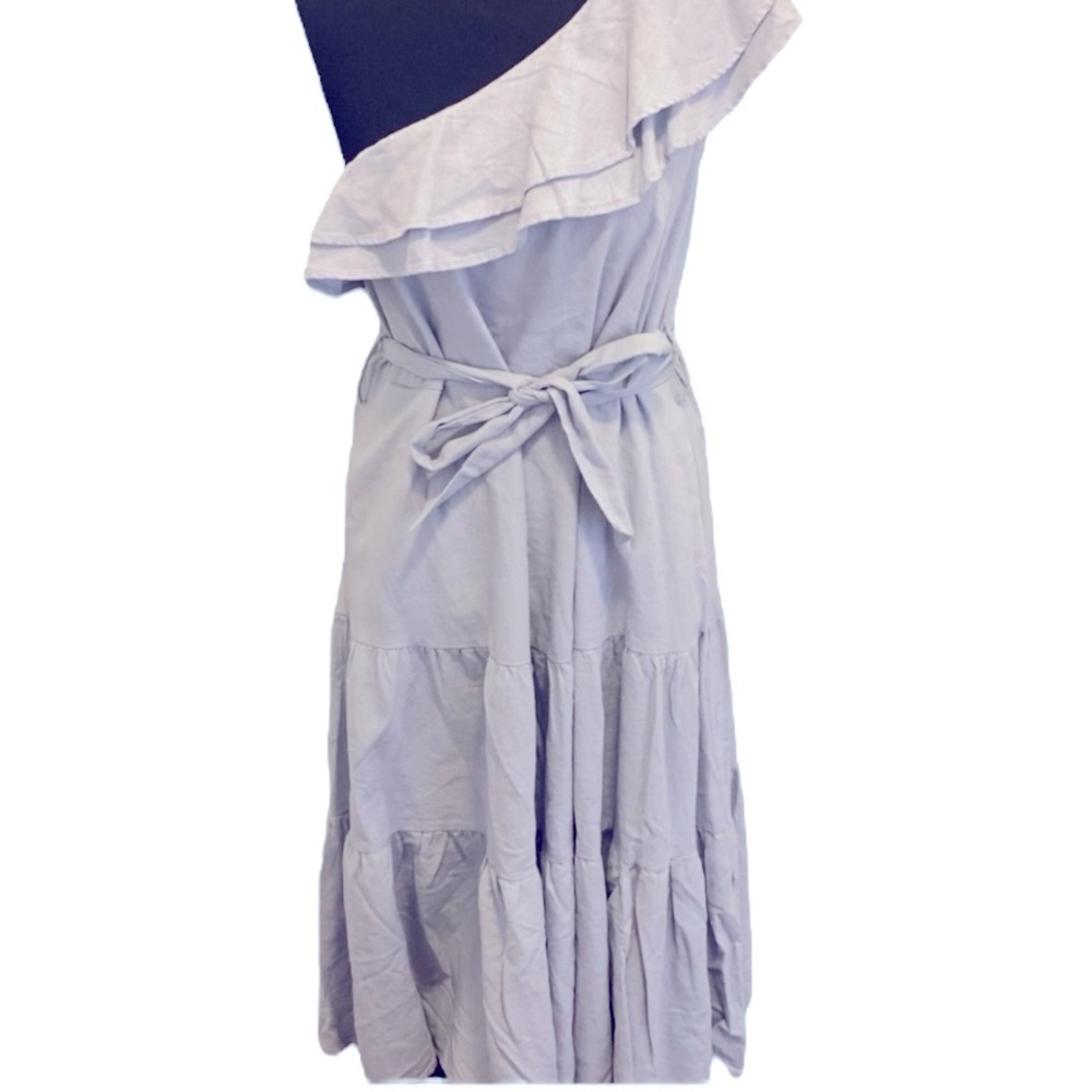 Nicole Miller Blue Linen One Shoulder MIDI Dress Ruffles Chambray XS NWOT - Picture 2 of 5